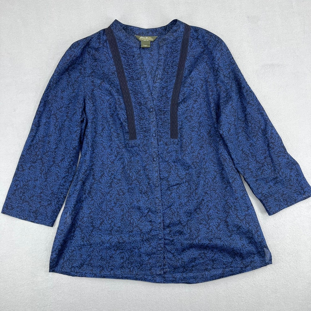 Eddie Bauer Womens Navy Blue Floral Ruffle Lace Trim Cotton 3/4 Sleeve Blouse M